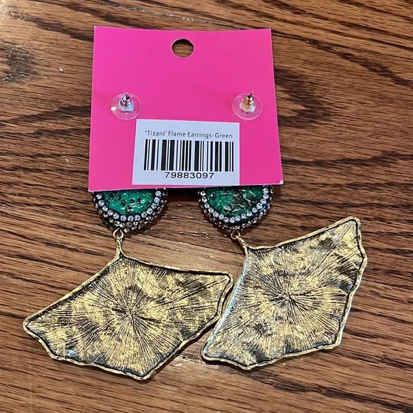 Sassy Jones Tizani Flame Green and Gold Rhinestone Earrings NWT - Picture 3 of 4